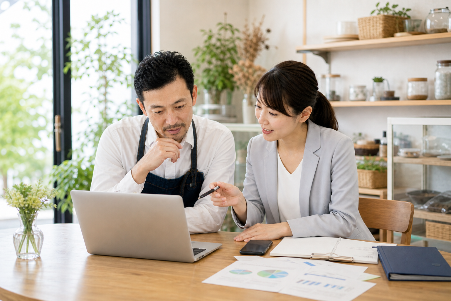 店舗オーナーと担当者がパソコンを見ながらWeb集客の相談をしている様子