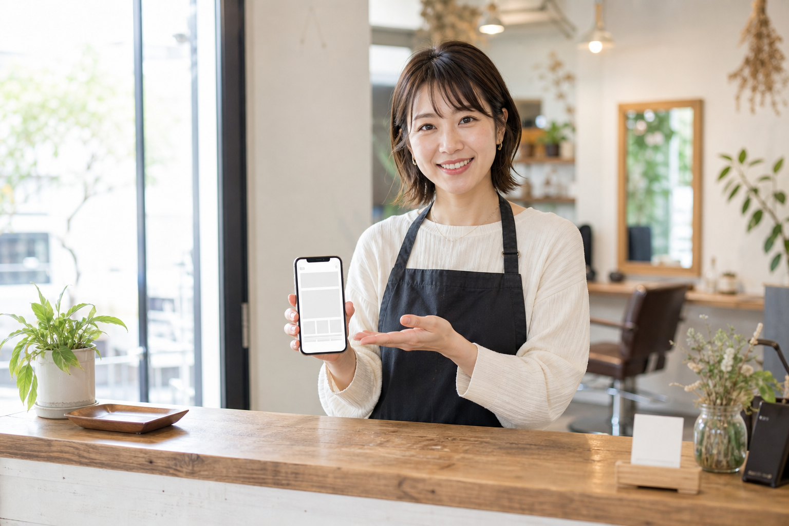 明るい地域店舗の店内とスマホを置いたカウンター