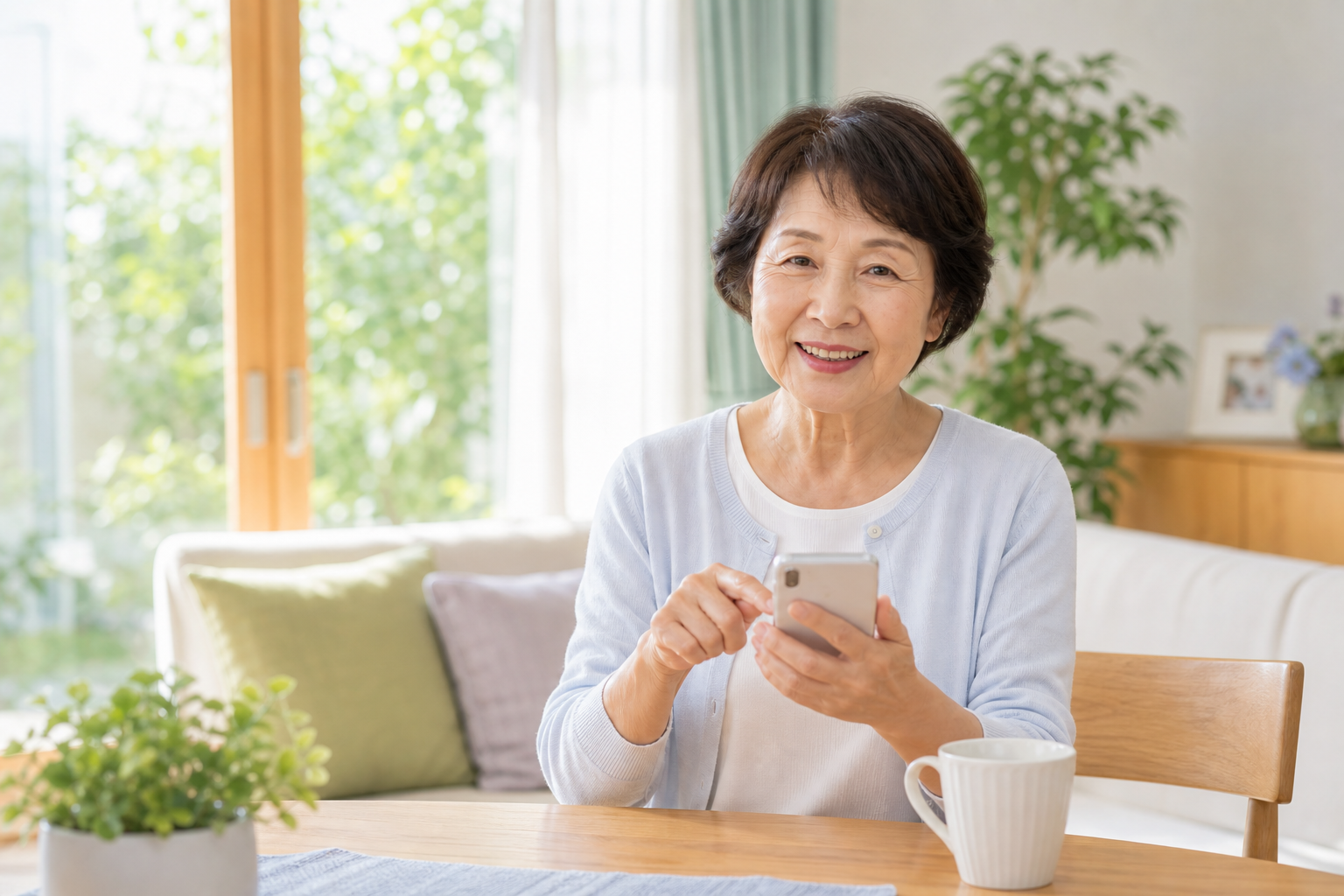 スマホを持って安心した表情のシニア