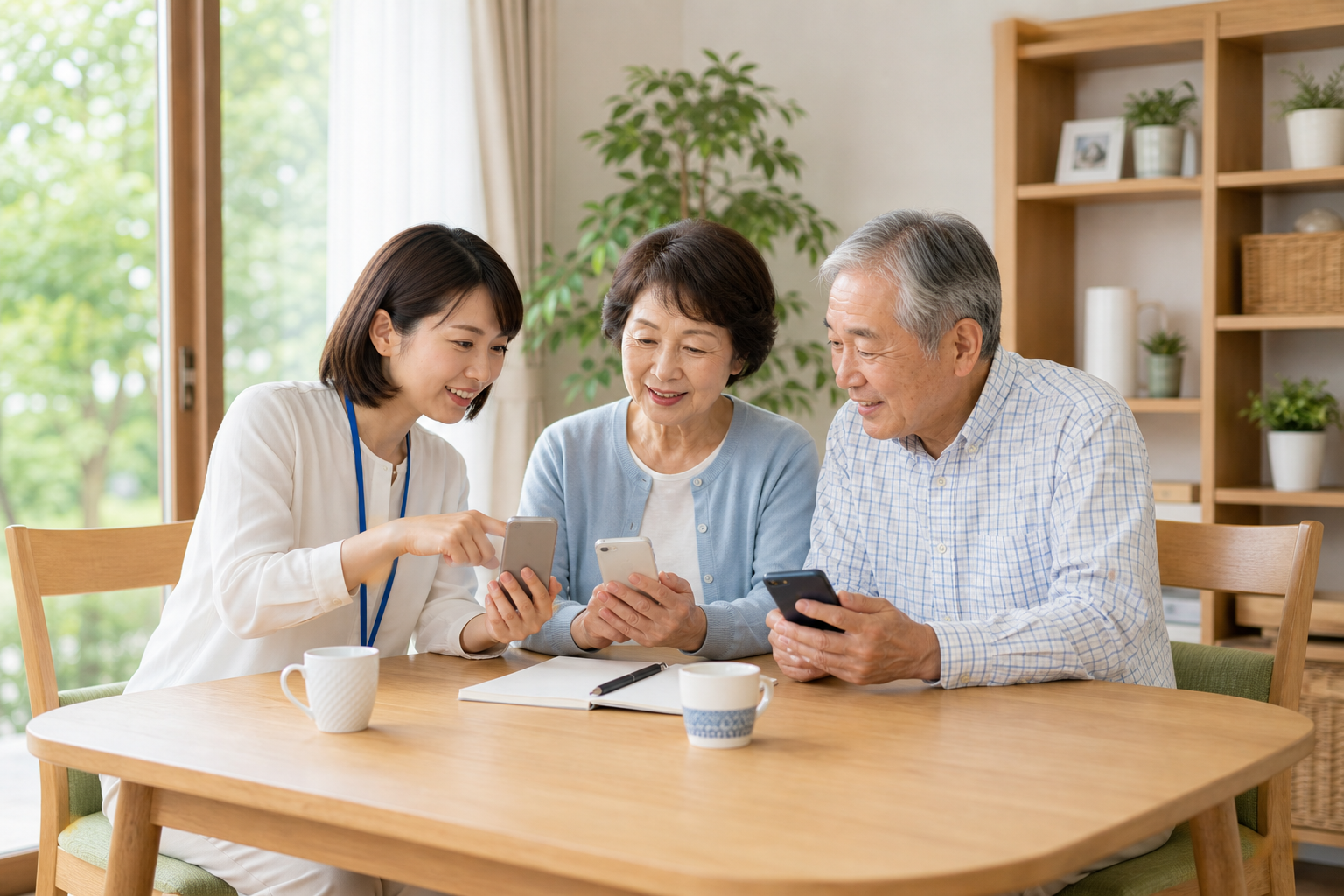 高齢者にスマホ操作を説明しているスタッフ