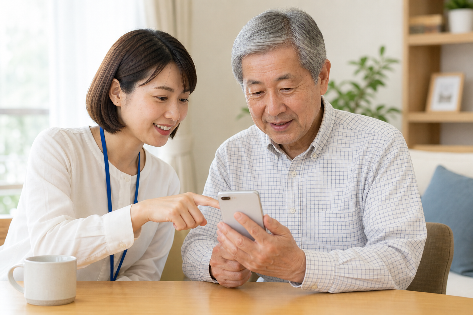 スマホ画面を一緒に確認しながら操作を説明している様子